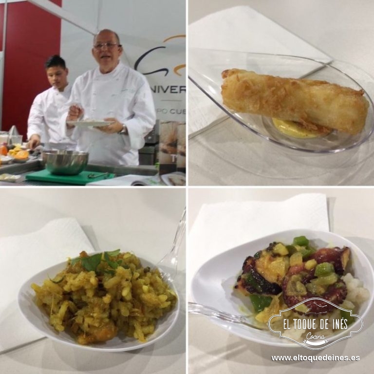 Y seguimos con degustaciones...esta vez a cargo del chef Charlie Collins, de Panamá, que era el país invitado a Xantar. Realizaron Yuca empanada en coco, harina de maíz acompañada de curry y aji chombo; arroz con bacalao y rabo de cerdo al curry; pulpo al curry con arroz de coco.