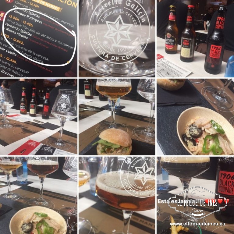 Maridaje con conservas y estrella Galicia... las tres cervezas eran la estrella especial, 1906 red vintage y 1906 black.
Las conservas eran bonito en escabeche, bonito en aceite de oliva y chipirones en su tinta acompañados de cacahuetes fritos.