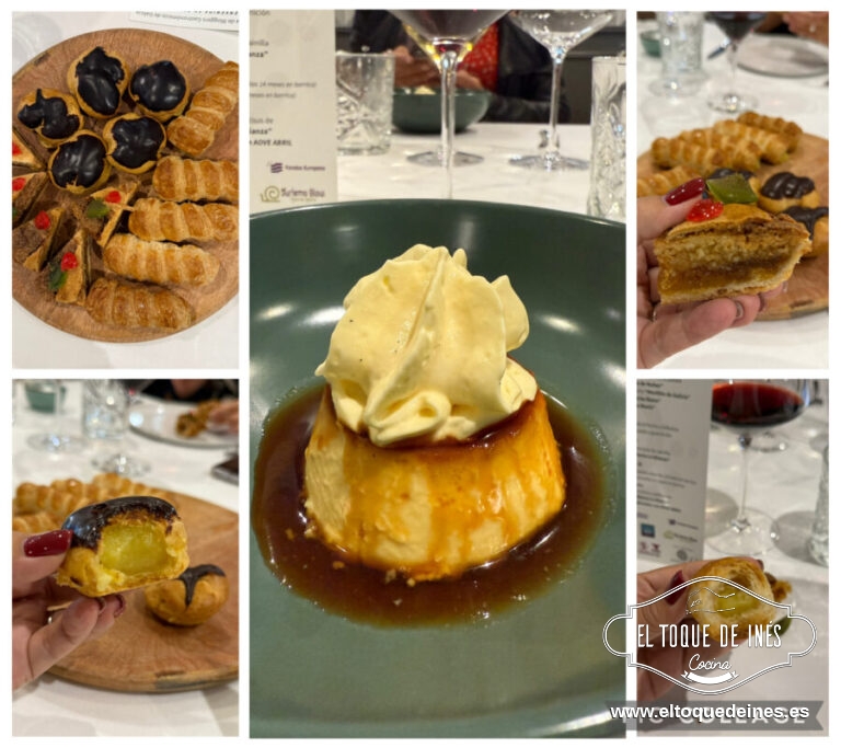 El postre a cargo del chef con un delicioso flan de huevo con mouse de vainilla, receta familiar, y a cargo de la confitería La Alianza de Mondoñedo que nos obsequio con Tarta de Mondoñedo, Petit choux y cañitas rellenas de crema pastelera de naranja; una delicia todo.