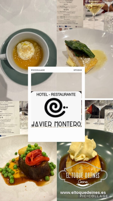 Seguimos con crema de zanahoria, calabaza y almendra con mouse de queso "Terra de Airas Moniz", Lubina de "pescadeRías" braseada al horno y bilbaína, Llana de "Ternera Gallega" asada y guarnición.